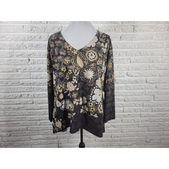 Live Let Live Women Top 1X Tunic Knit Black Floral Asymmetric Poly Blend FLO168E - Picture 1 of 9